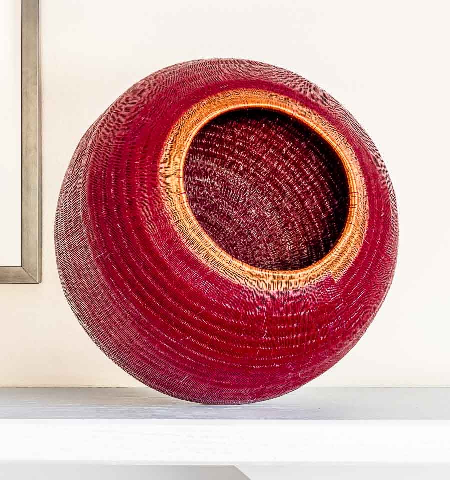 Copper Topped Crimson Basket – geometric motif – woven basket – baskets – handwoven in Colombia