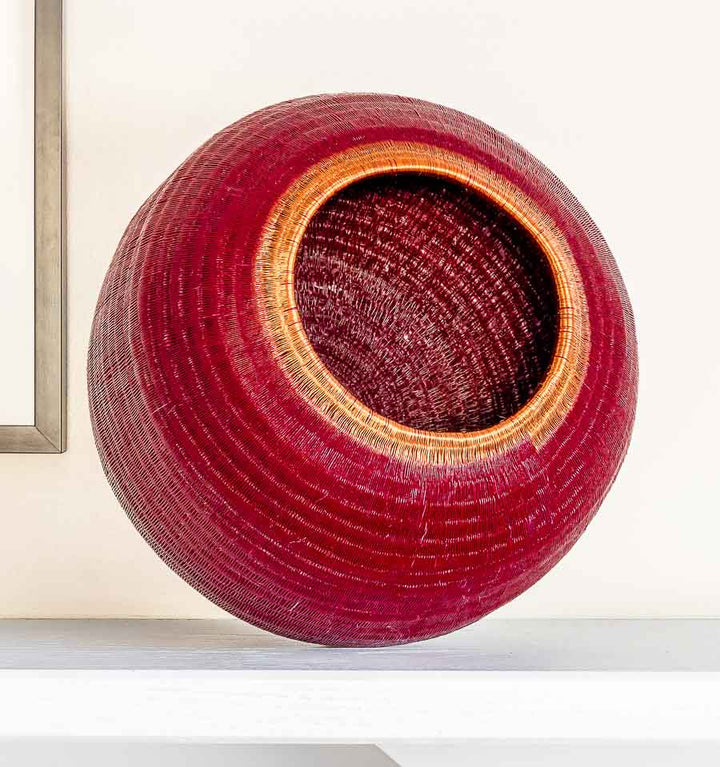 Copper Topped Crimson Basket – geometric motif – woven basket – baskets – handwoven in Colombia