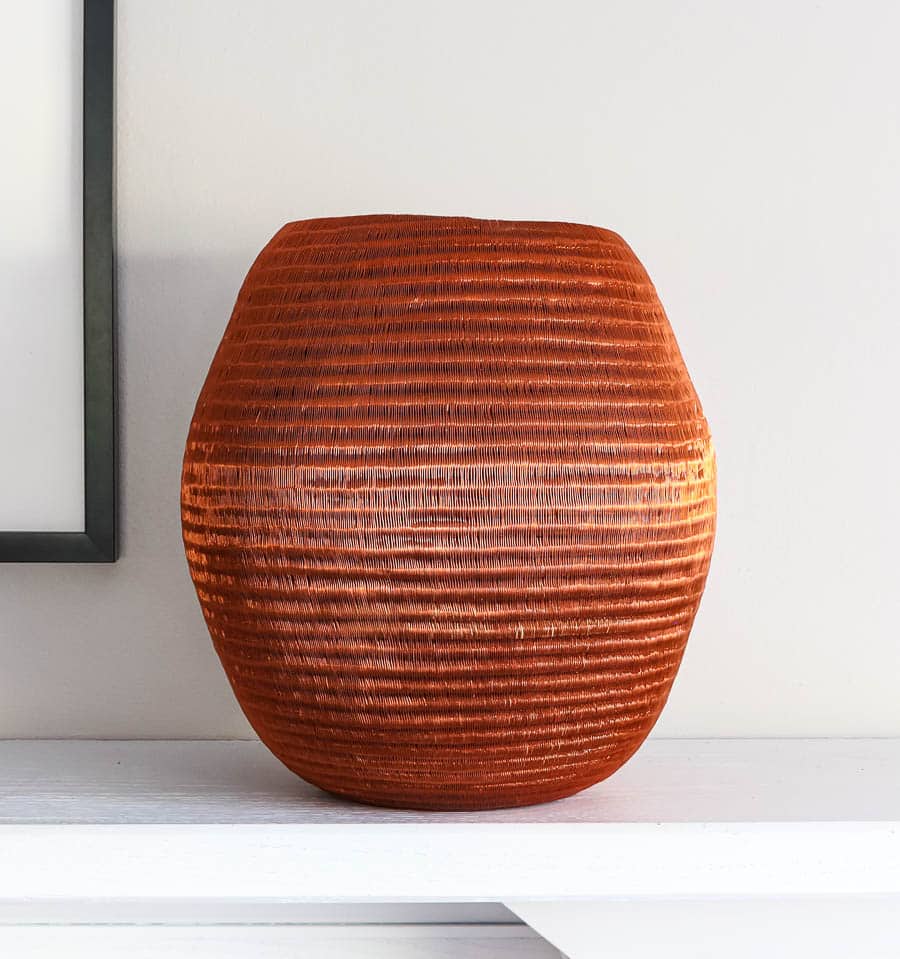 Tapered Full Copper Vessel – geometric motif – woven basket – baskets – handwoven in Colombia