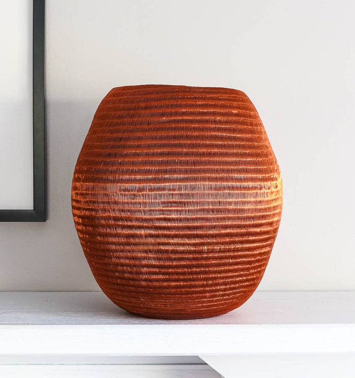 Tapered Full Copper Vessel – geometric motif – woven basket – baskets – handwoven in Colombia