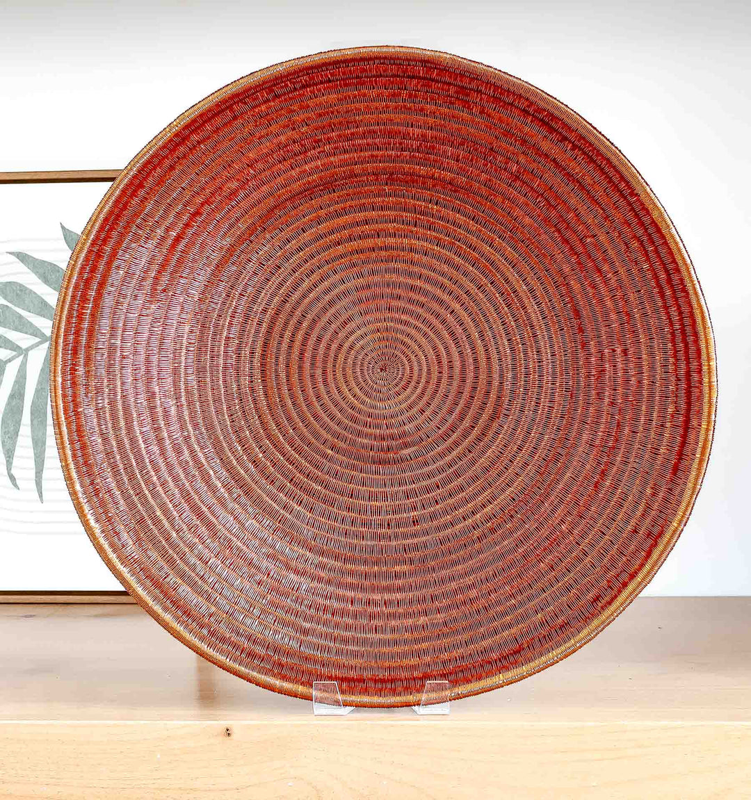 Copper Spiral Large Werregue Plate By Plinio Opua – geometric motif – woven plate – decorative plates – handwoven in Colombia