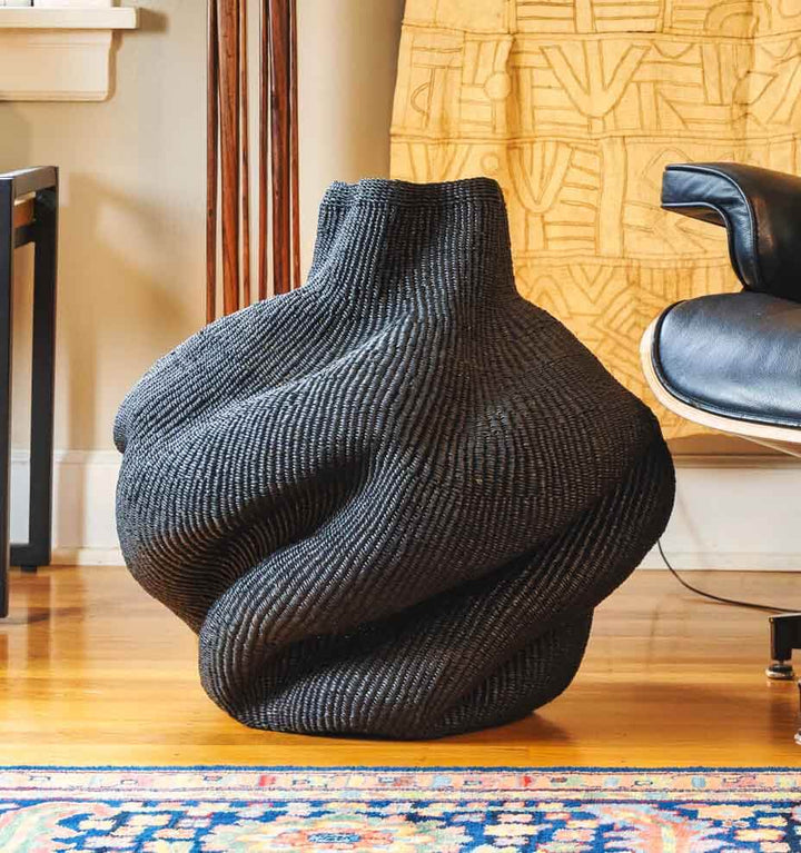 Black Wavy Basket – geometric motif – woven basket – baskets – handwoven in Ghana