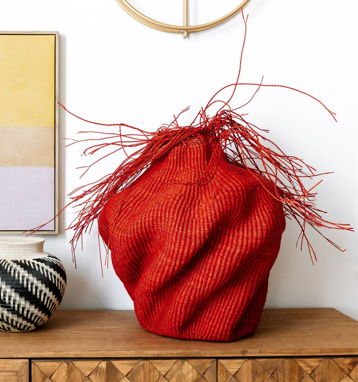 Red Waves Basket With Top Hair – geometric motif – woven basket – baskets – handwoven in Ghana
