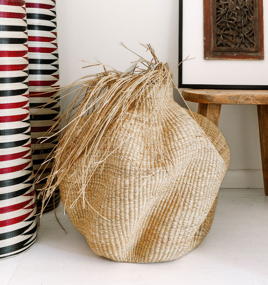 Black Waves Basket With Top Hair – geometric motif – woven basket – baskets – handwoven in Ghana
