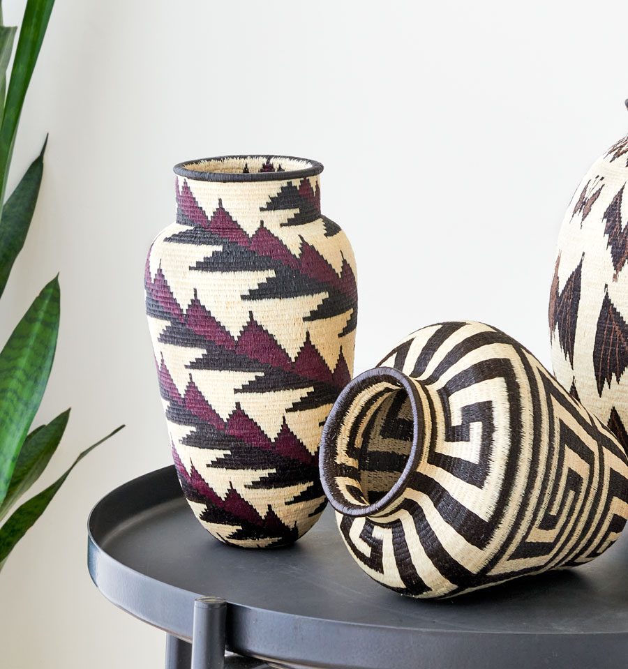 Tall Red Black Feather – geometric motif – woven basket – baskets – handwoven in Panama