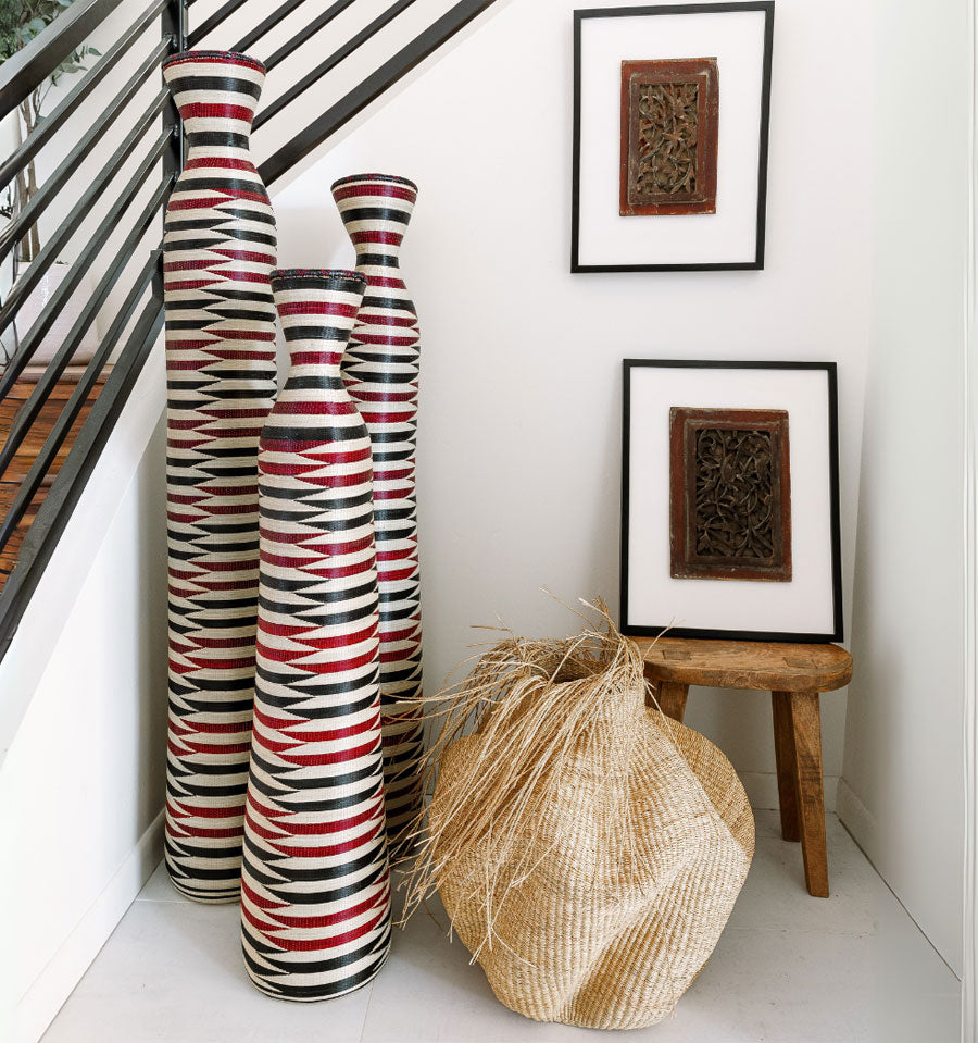 Wrapped Red Black M – geometric motif – woven basket – baskets – handwoven in Rwanda
