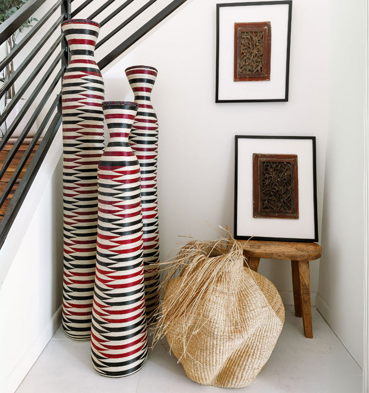 Wrapped Red Black M – geometric motif – woven basket – baskets – handwoven in Rwanda