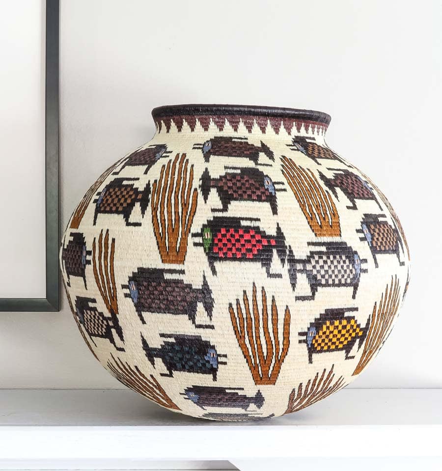 Dotted Fish In Coral – critters motif – woven basket – baskets – handwoven in Panama