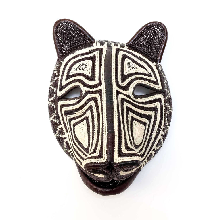 Front view of Midnight Labyrinth Cat Mask, Embera woven art