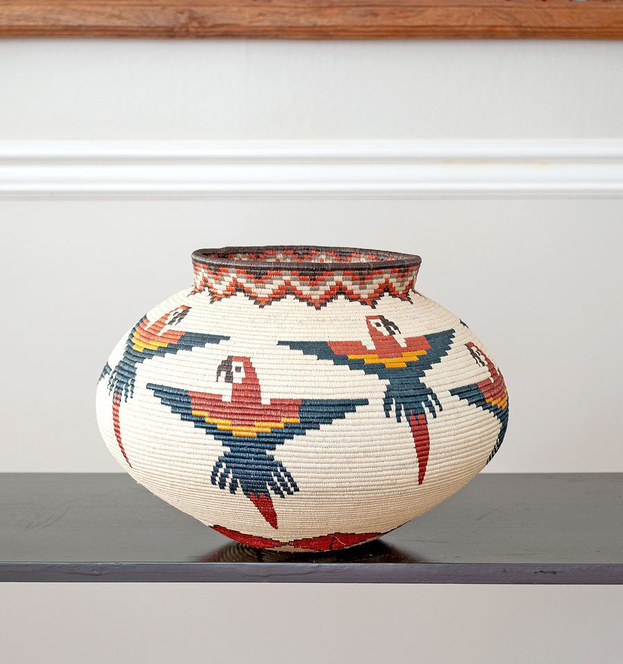 Macaws In Flight – birds motif – woven basket – baskets – handwoven in Panama