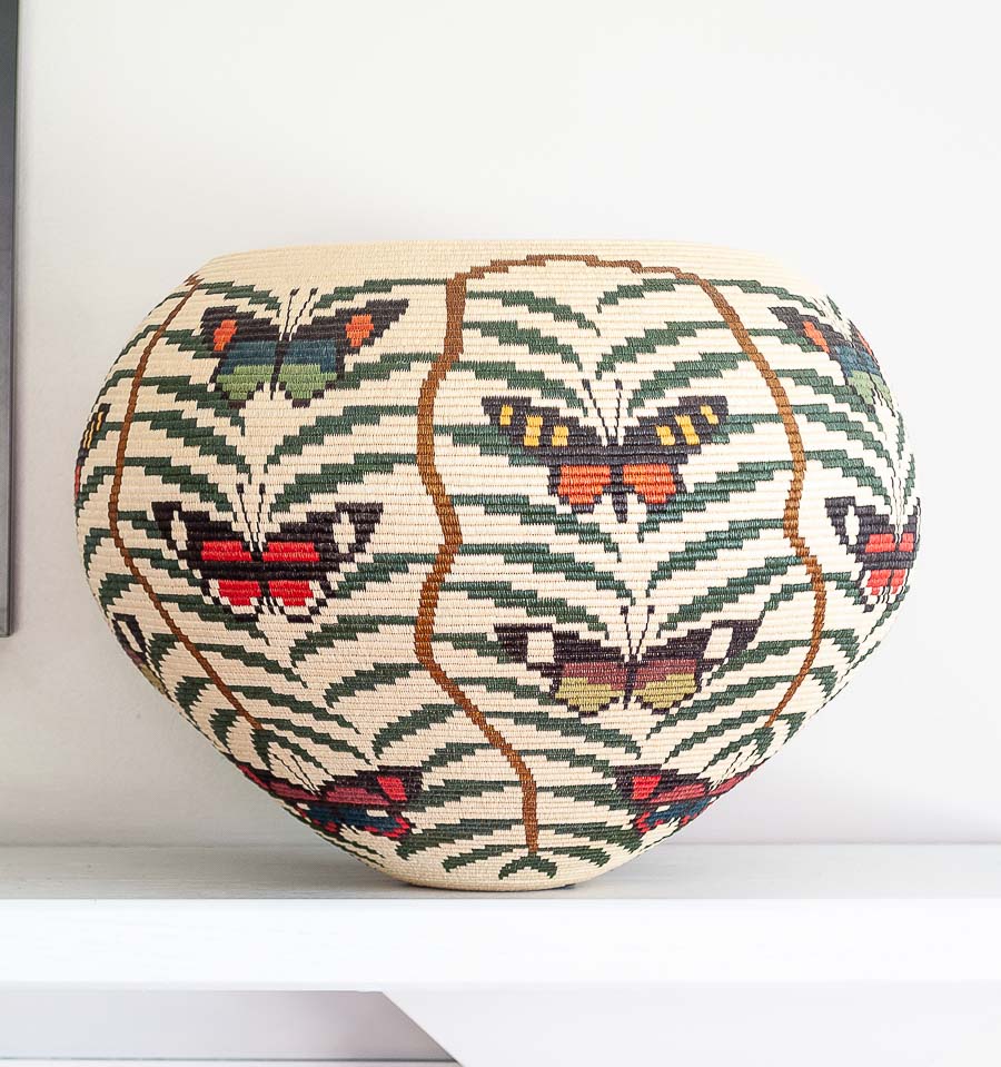 Cristinas Decorated Butterflies Wounaan Basket – butterfly motif – woven basket – baskets – handwoven in Panama