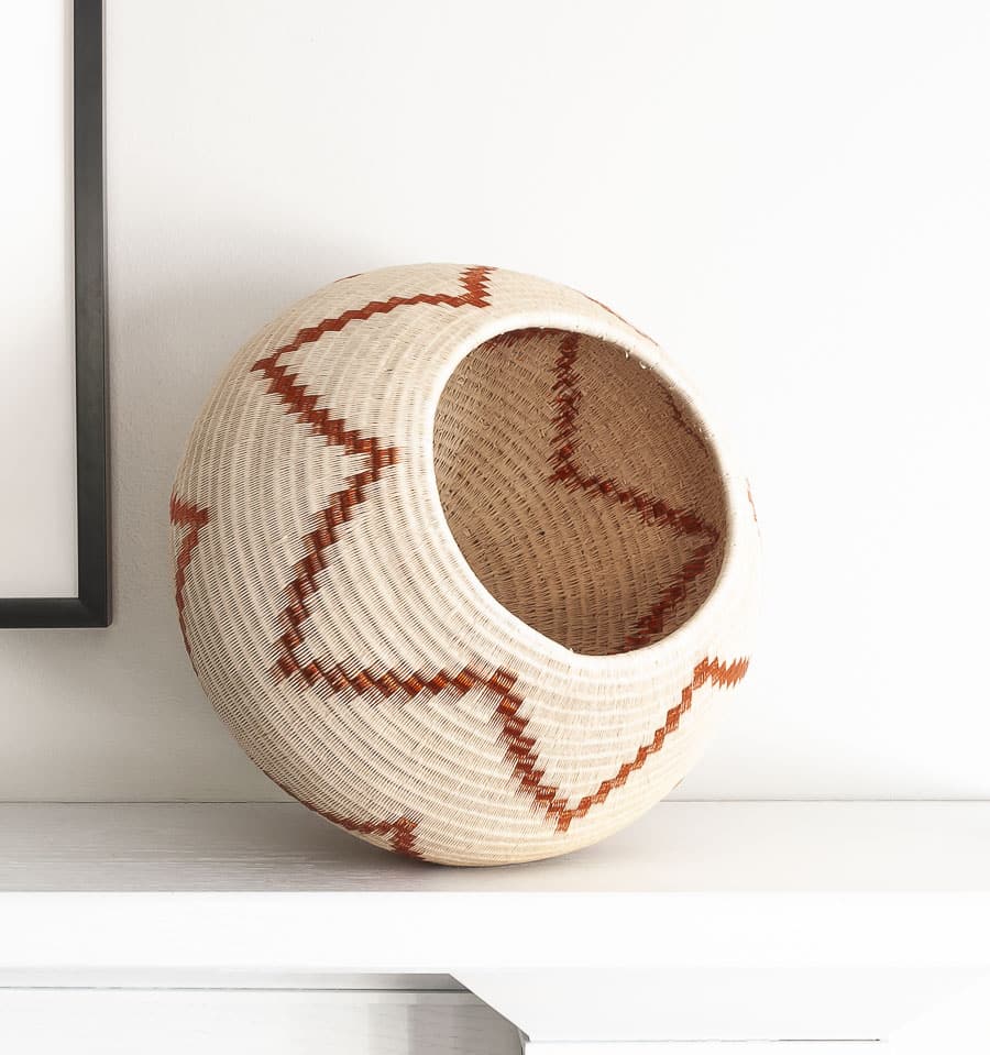 Lg Copper Flames On White Basket – geometric motif – woven basket – baskets – handwoven in Colombia