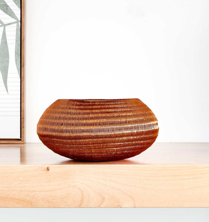 Shiny Copper Bowl – geometric motif – woven basket – baskets – handwoven in Colombia
