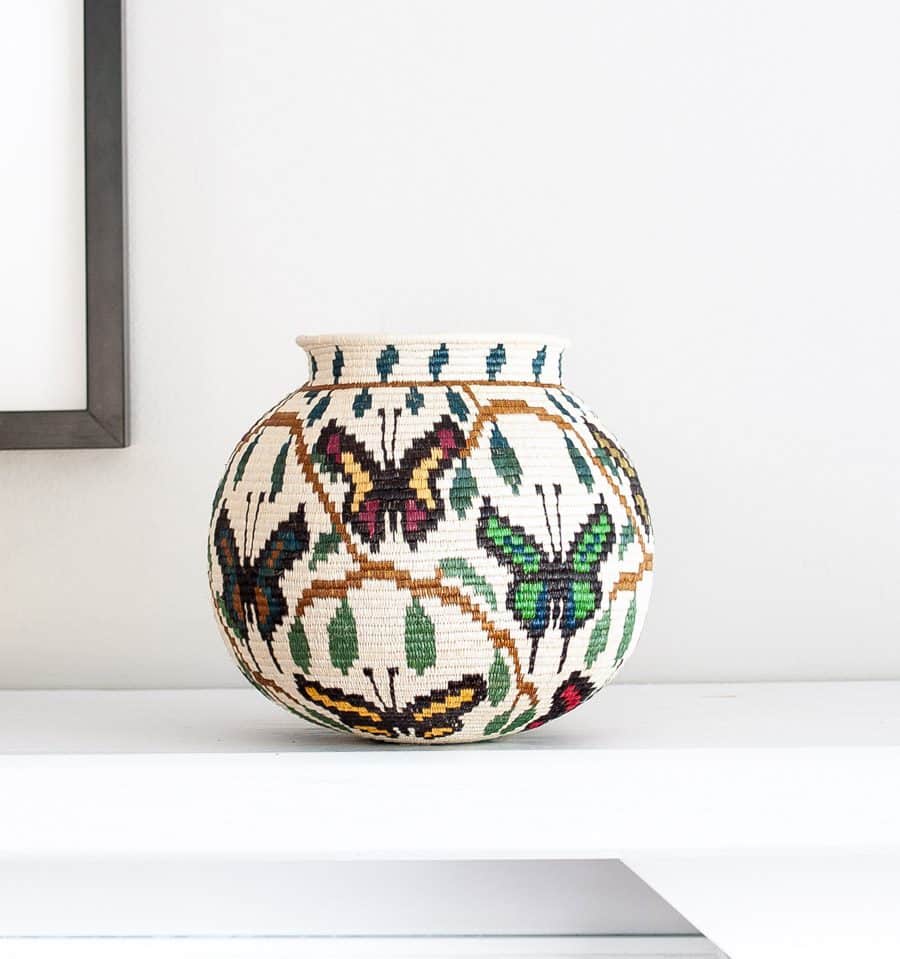 Colorful Ribbed Butterflies Wounaan Basket – butterfly motif – woven basket – baskets – handwoven in Panama