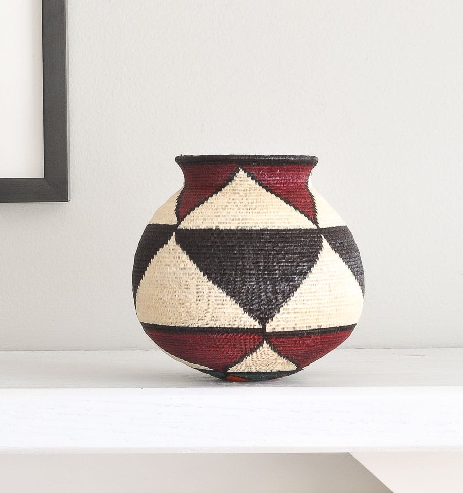 Wide Crimson Triangles Basket – geometric motif – woven basket – baskets – handwoven in Panama