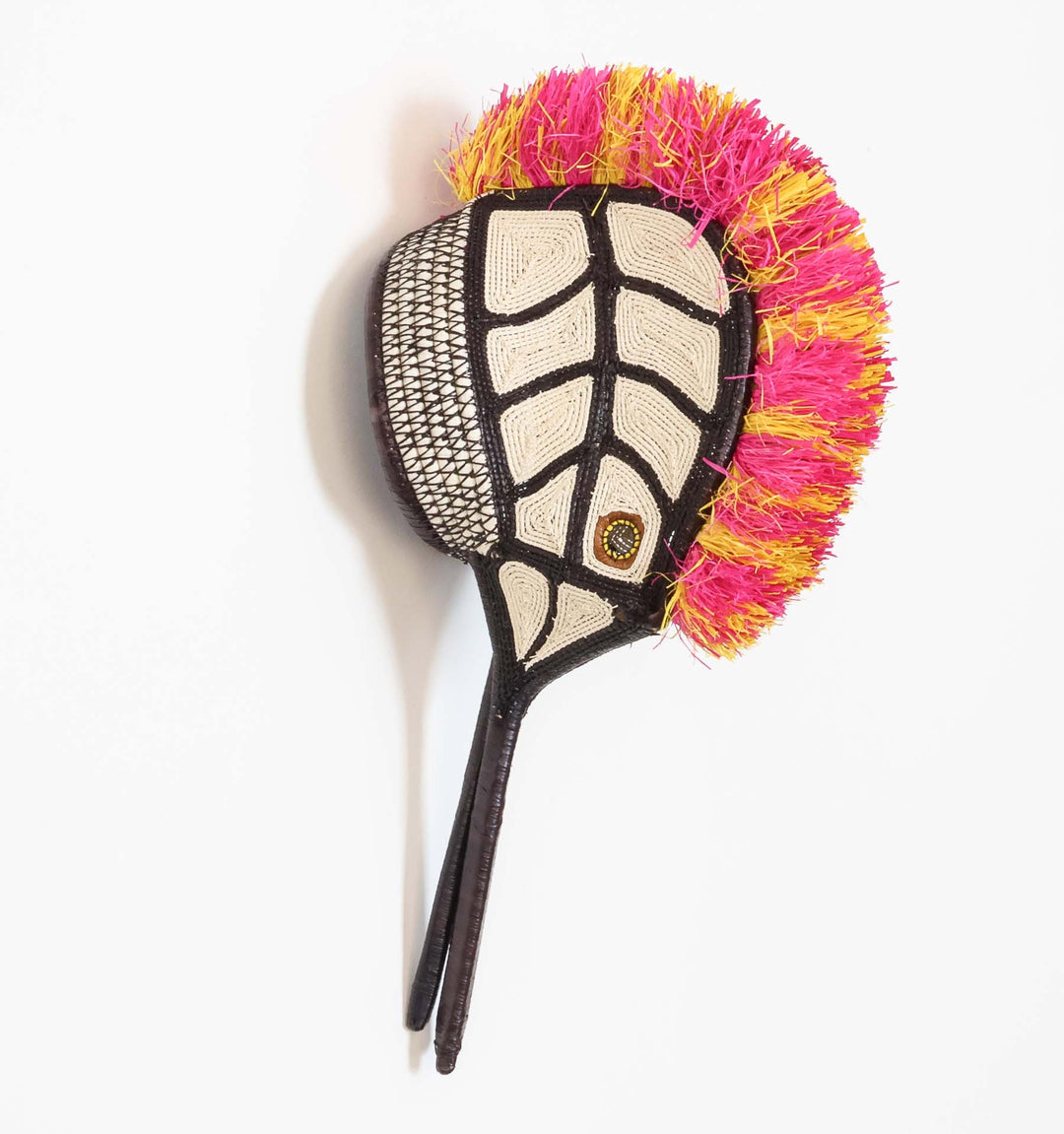 Suncrest Hummingbird Mask, 16" woven art by Embera weaver Erenia Cabrera, Panama palm fiber mask with pink and yellow crest and long beak design.