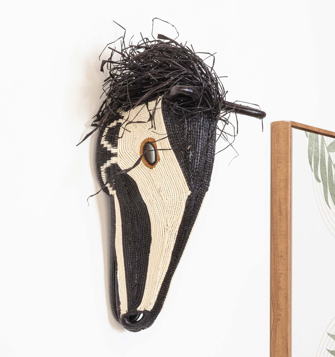 Midnight Horse Mask, 14" woven art by Embera weaver Erenia Cabrera, Panama palm fiber horse mask in black and ivory with flowing mane design