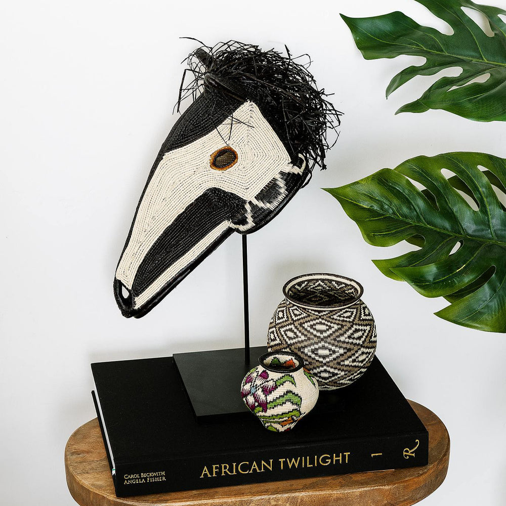 Midnight Horse Mask, 14" woven art by Embera weaver Erenia Cabrera, Panama palm fiber horse mask in black and ivory with flowing mane design