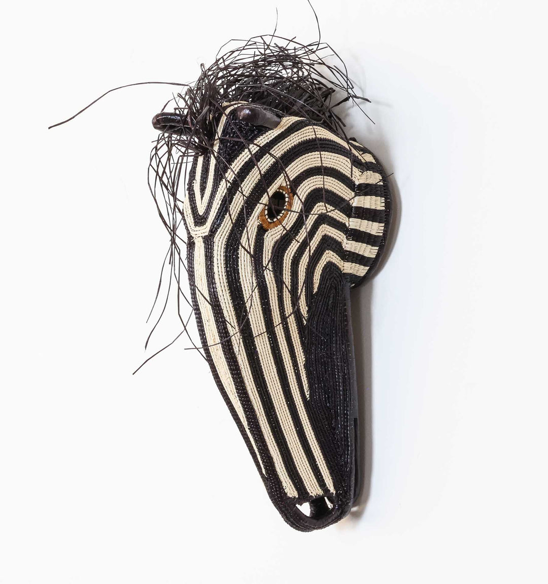 Striped Horse Mask, 14" woven art by Embera weaver Erenia Cabrera, Panama palm fiber horse mask with bold black and ivory stripes and flowing mane.