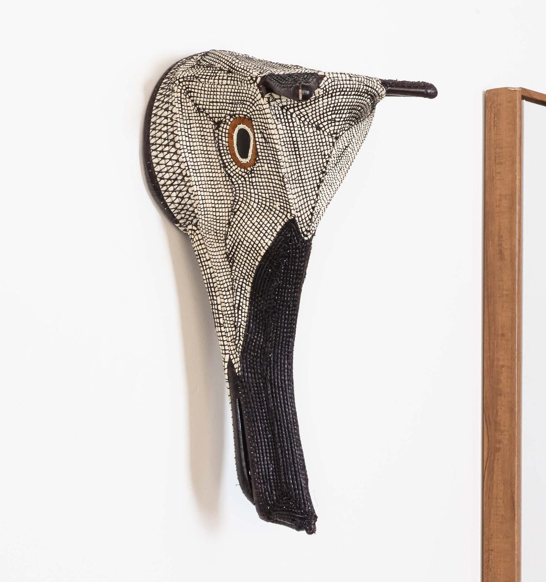 Forest Anteater Mask, 14" woven art by Embera weaver Erenia Cabrera, Panama palm fiber mask in black and ivory with elongated snout design.