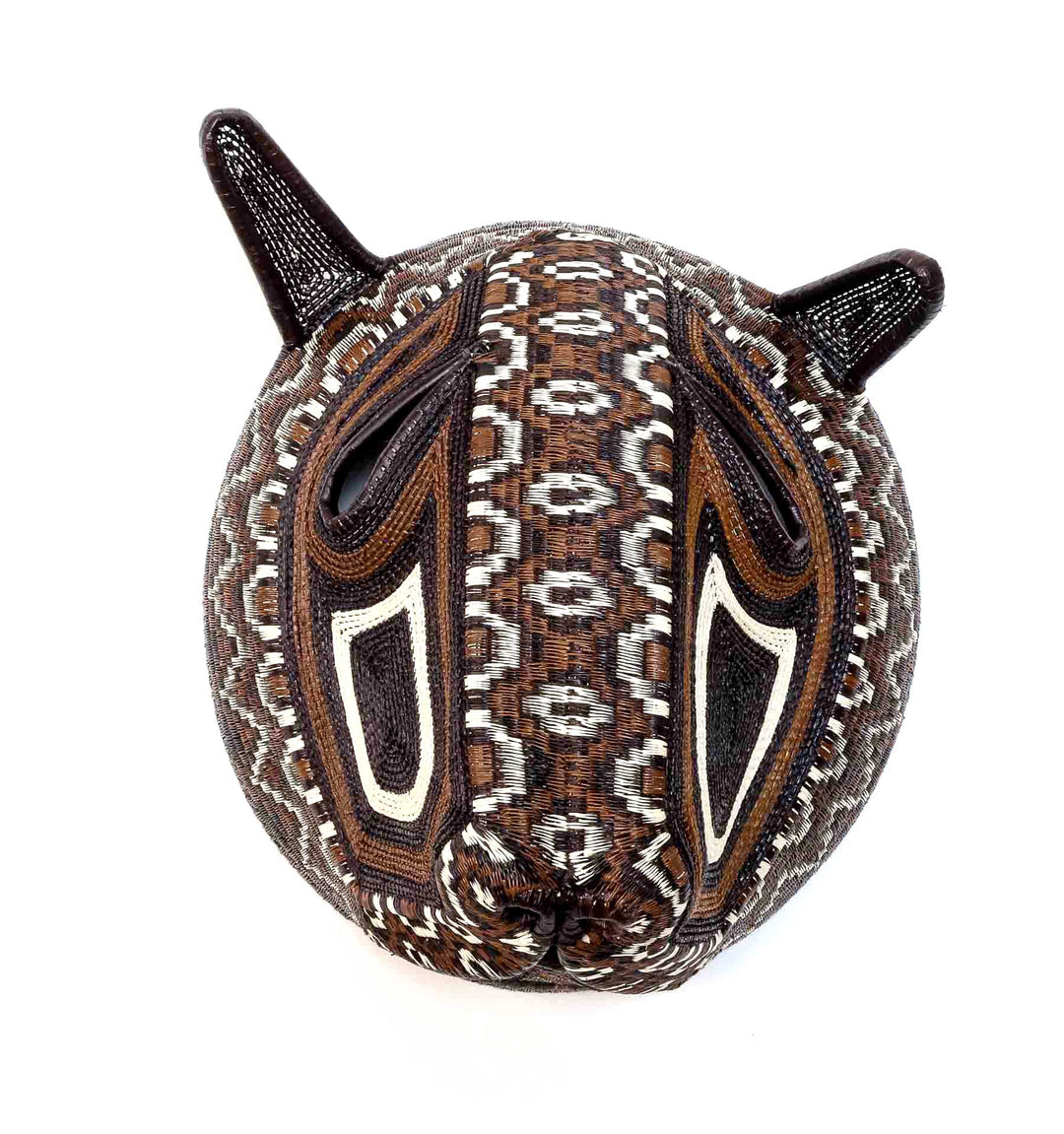 Spotted Cat Mask, 12" woven art by Embera weaver Felicinda Guaynora, Panama palm fiber feline mask with patterned brown, black, and ivory coat.
