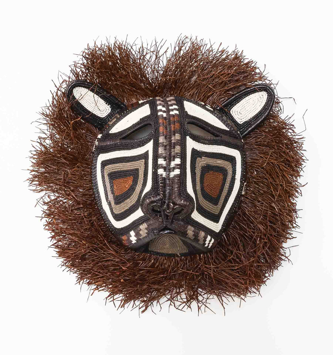 Forest Guardian Cat Mask, 13" woven art by Embera weaver Felicinda Guaynora, Panama palm fiber feline mask with concentric ivory, brown, and black design and fiber mane.
