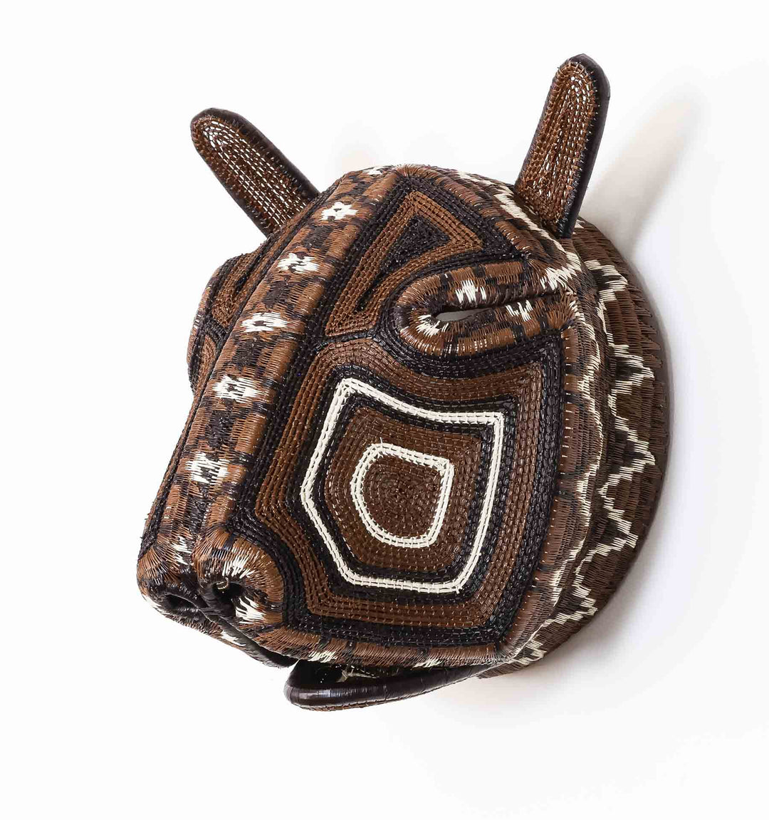 Spiraled Cat Mask, 10" woven art by Embera weaver Felicinda Guaynora, Panama palm fiber feline mask in brown, black, and ivory with concentric design.