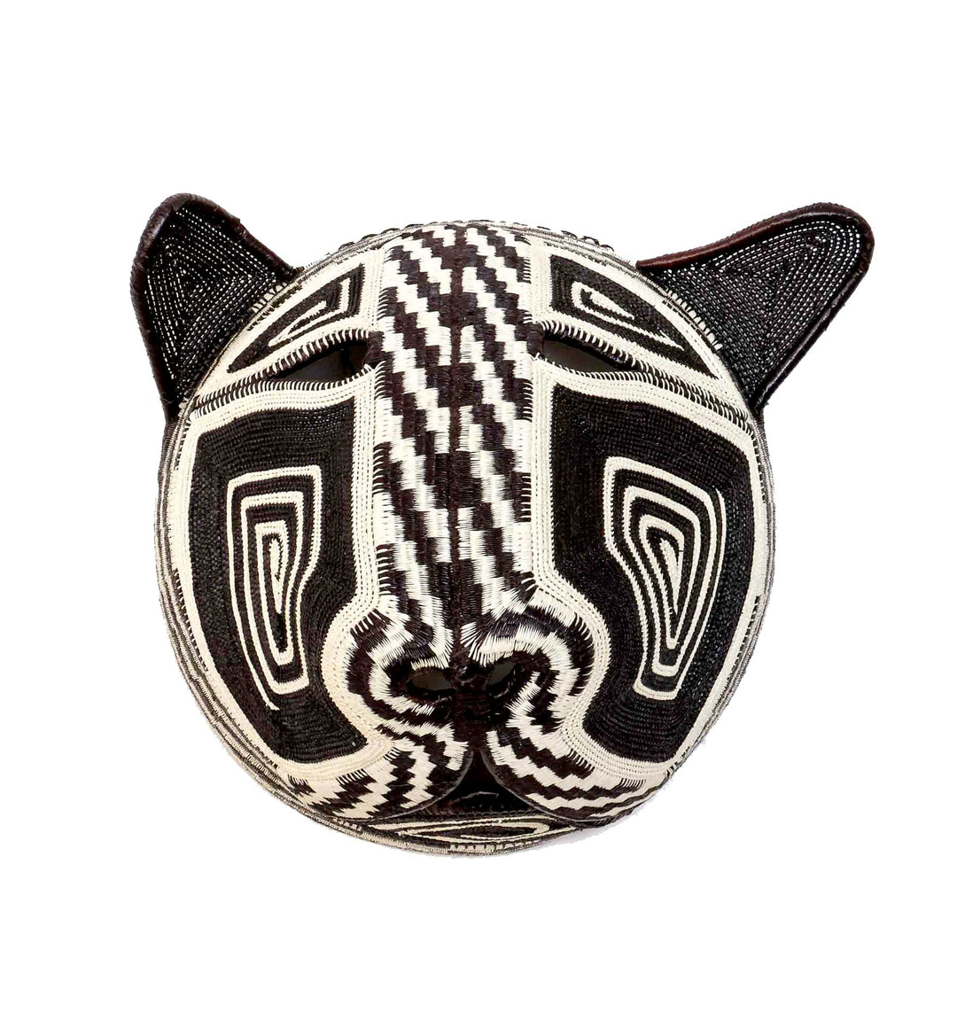 Monochrome Cat Mask, 9" woven art by Embera weaver Felicinda Guaynora, Panama palm fiber feline mask in black and ivory with zigzag and concentric designs.