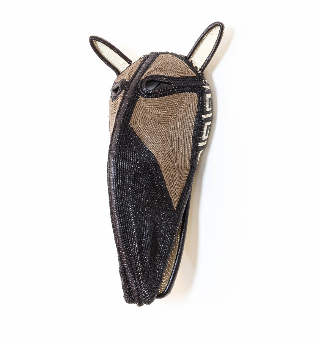 Hunter Dog Mask, 12" woven art by Embera weaver Felicinda Guaynora, Panama palm fiber dog mask in black, brown, and ivory with elongated snout and upright ears.