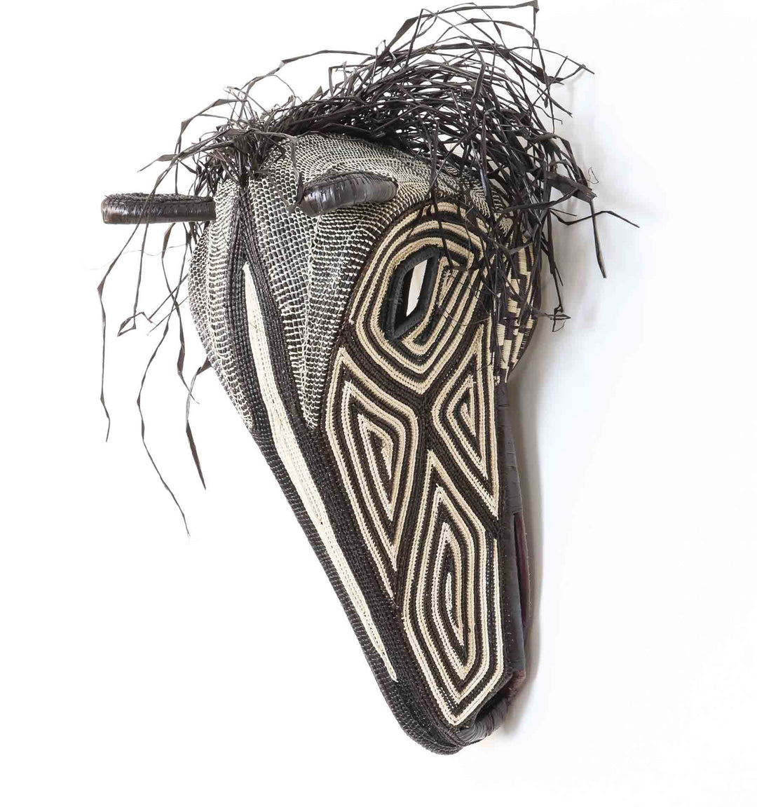 Warrior Horse Mask, 19" woven art by Embera weaver Erenia Cabrera, Panama palm fiber horse mask in black and ivory with fiber mane and geometric designs.
