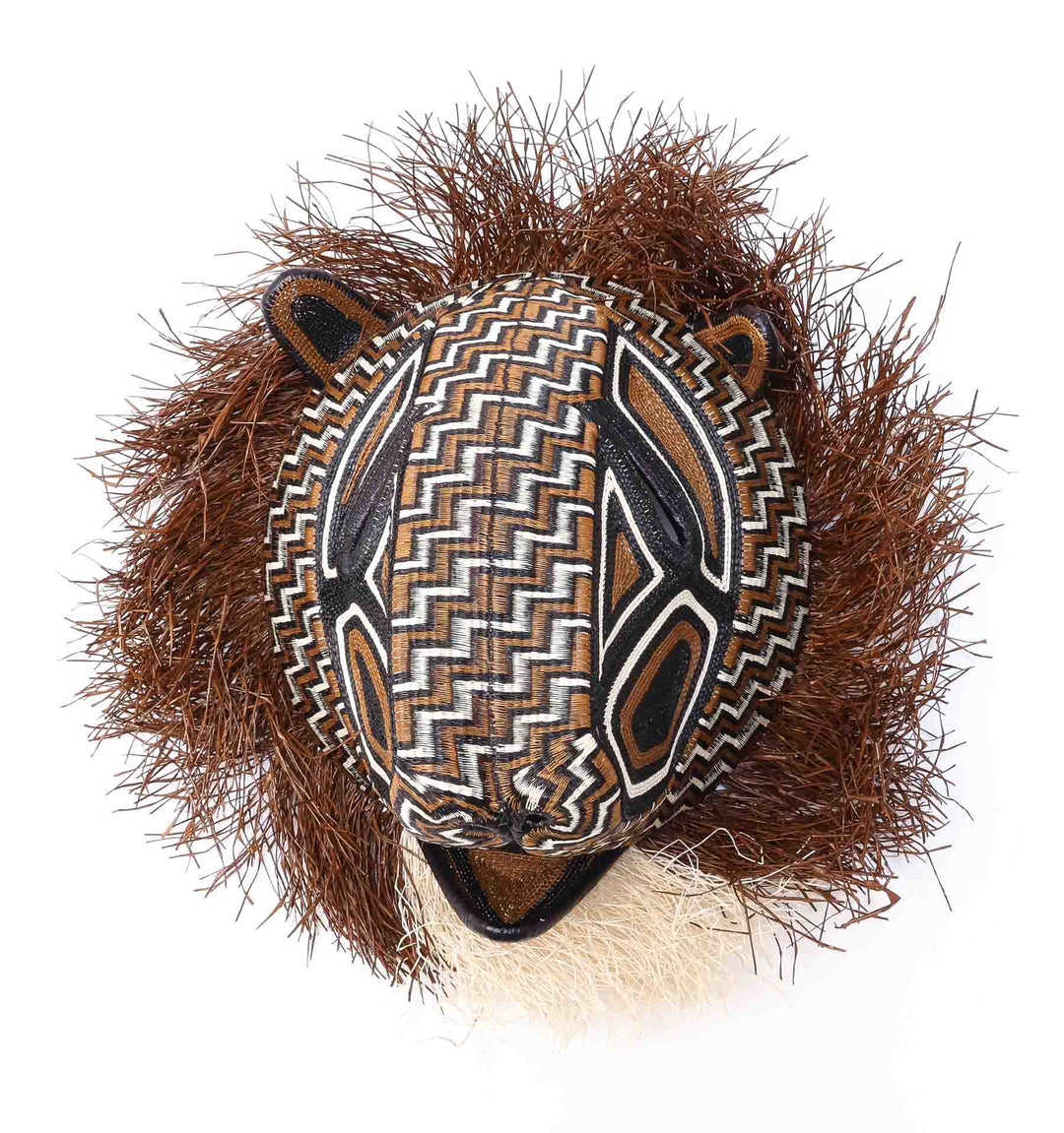Zigzag Guardian Cat Mask, 19" woven art by Embera weaver Felicinda Guaynora, Panama palm fiber feline mask with black, ivory, and brown zigzag patterns, mane, and ivory chin tuft.