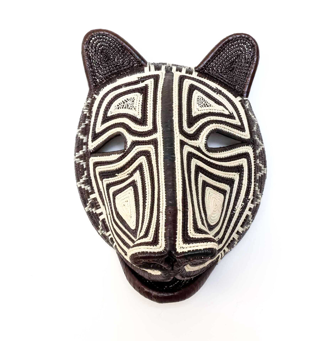Front view of Midnight Labyrinth Cat Mask, Embera woven art