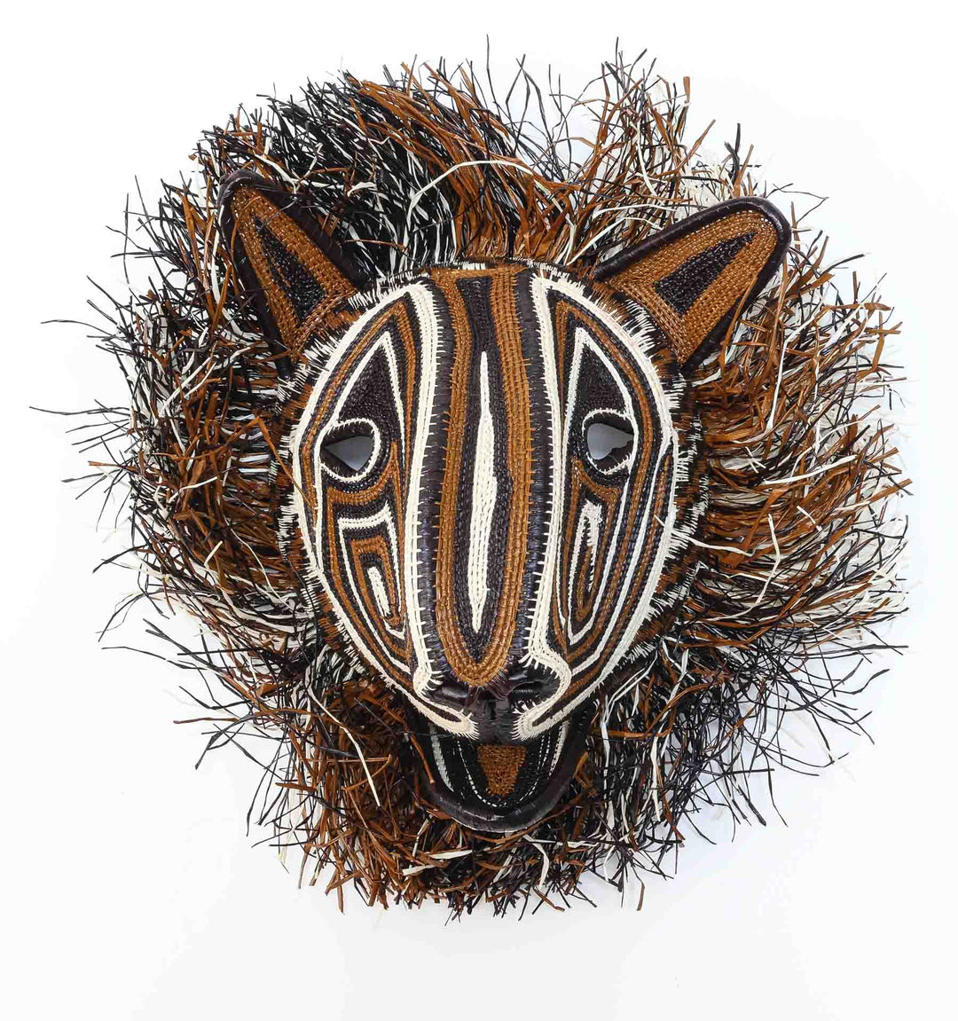 Front view of Wild Strata Cat Mask, Embera woven art in brown and ivory.