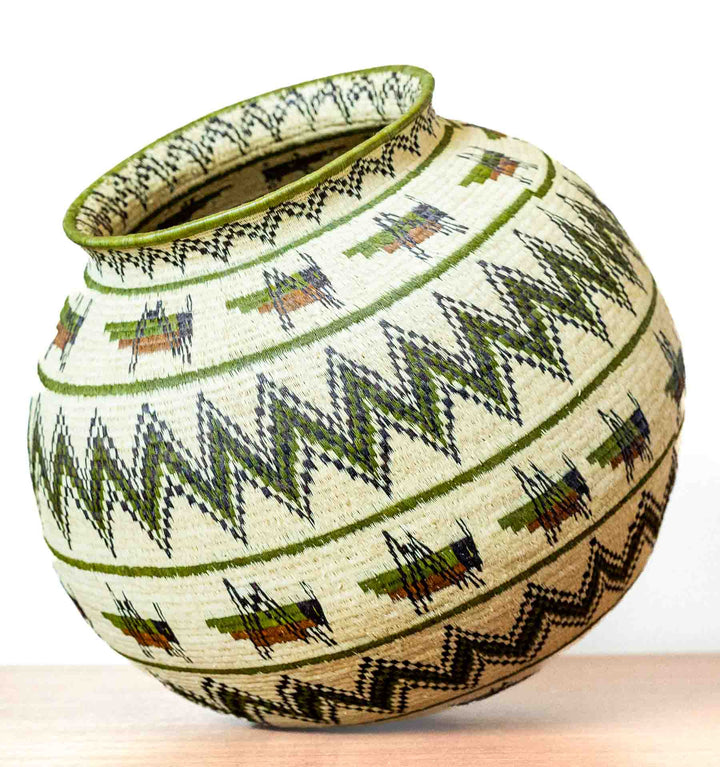 Side view of large round Wounaan basket with zigzag and insect designs.