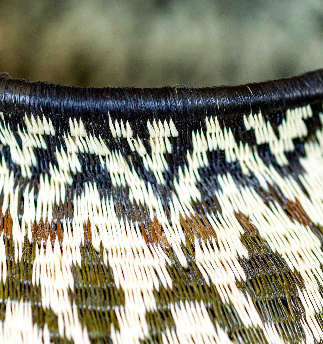 Three-quarter angled view of Panama Wounaan basket with intricate diamond design
