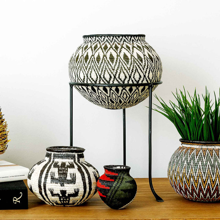 Full front view of Panama Wounaan basket with black and cream diamond pattern