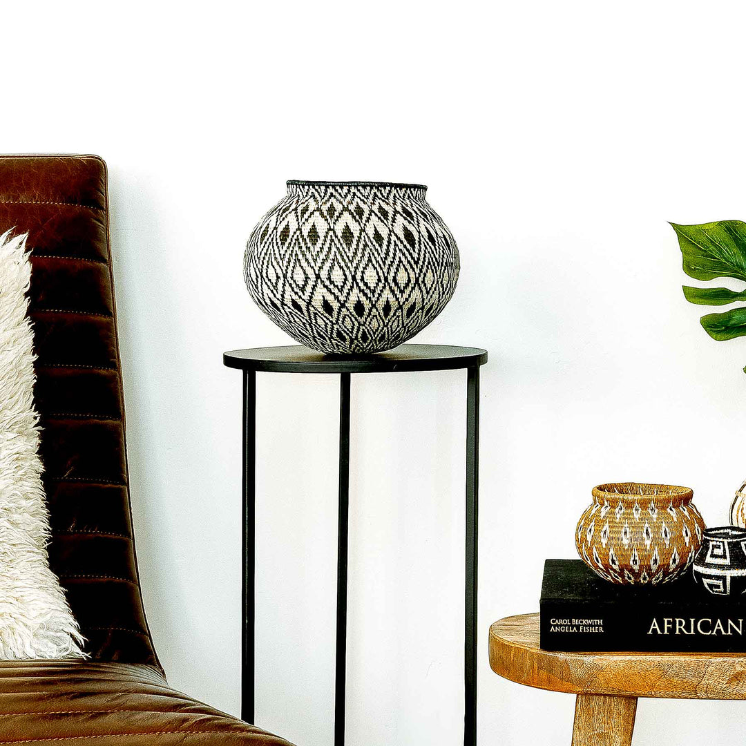 Full front view of Panama Wounaan basket with black and cream diamond pattern