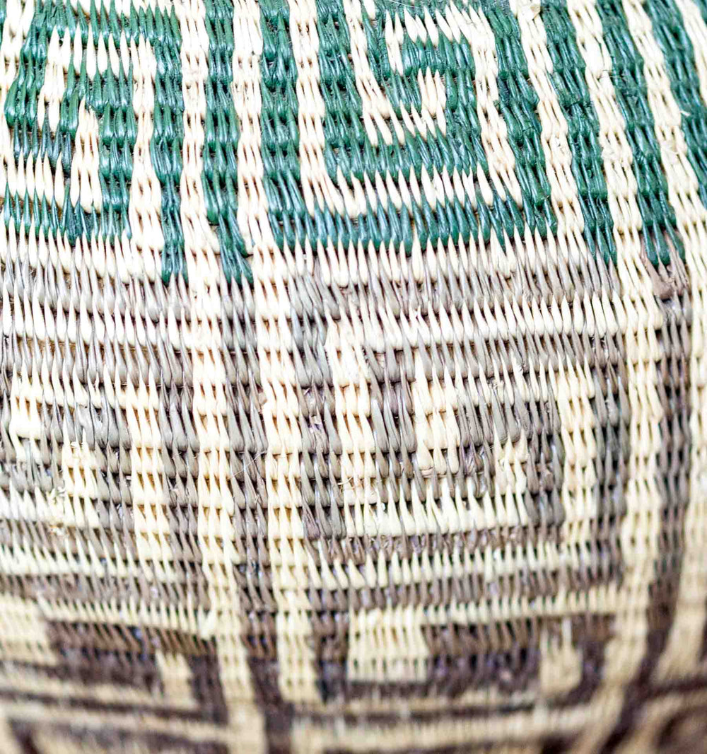Handwoven Panama Wounaan basket with green and brown labyrinth pattern, natural palm fiber and intricate geometric design.