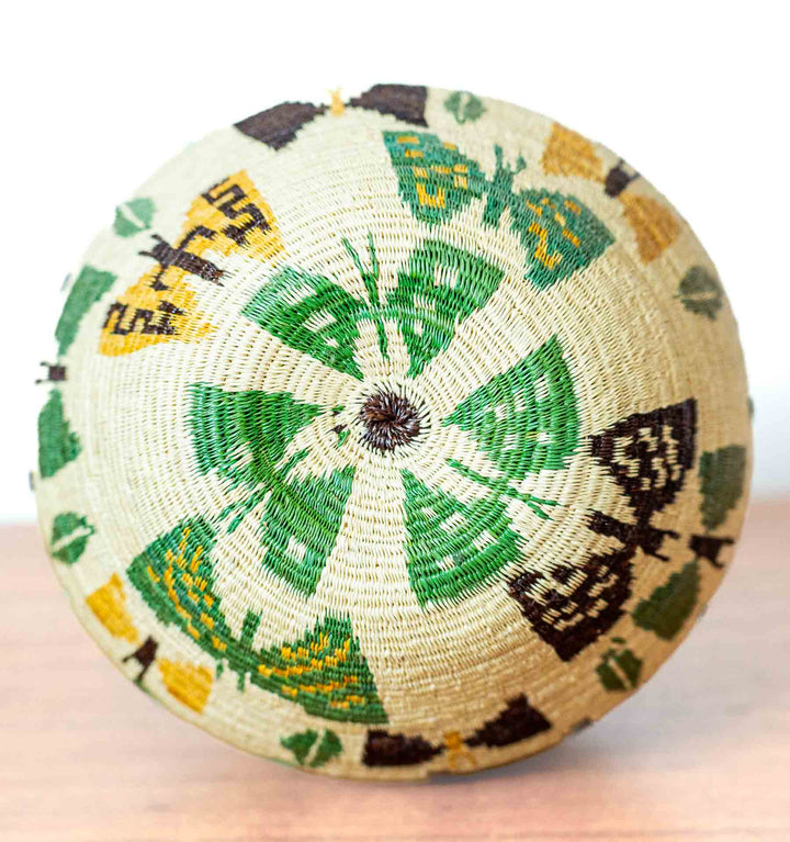 Base of Panama Wounaan butterfly basket with circular butterfly pattern radiating outward