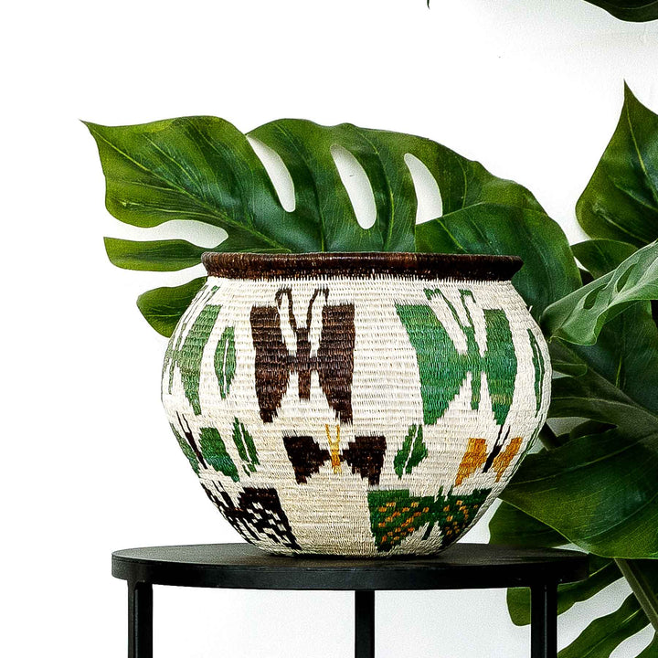 Handwoven Panama Wounaan basket with butterfly designs in green, yellow, and brown, displayed against tropical leaves