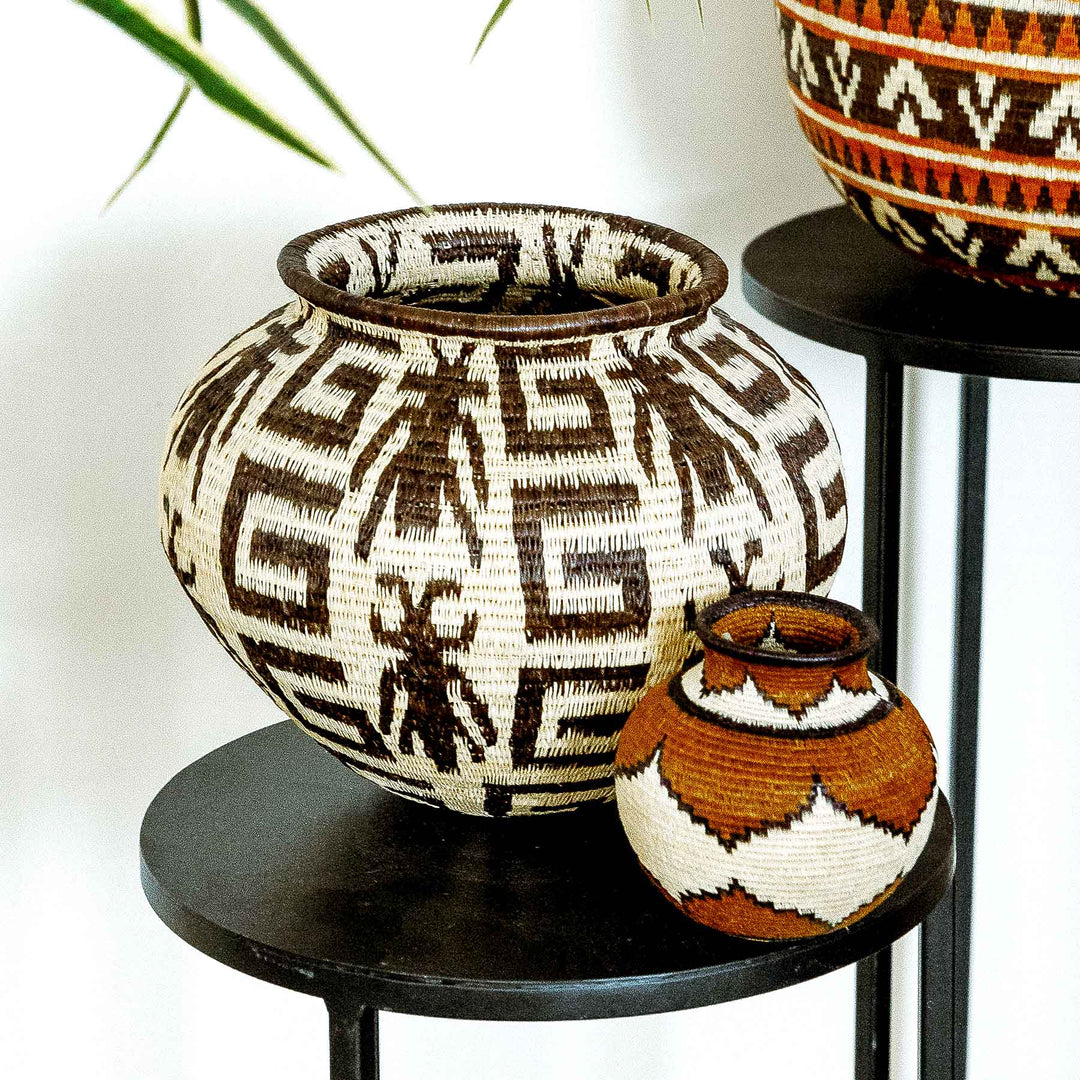 Large Wounaan basket featuring insect figures and geometric labyrinths.