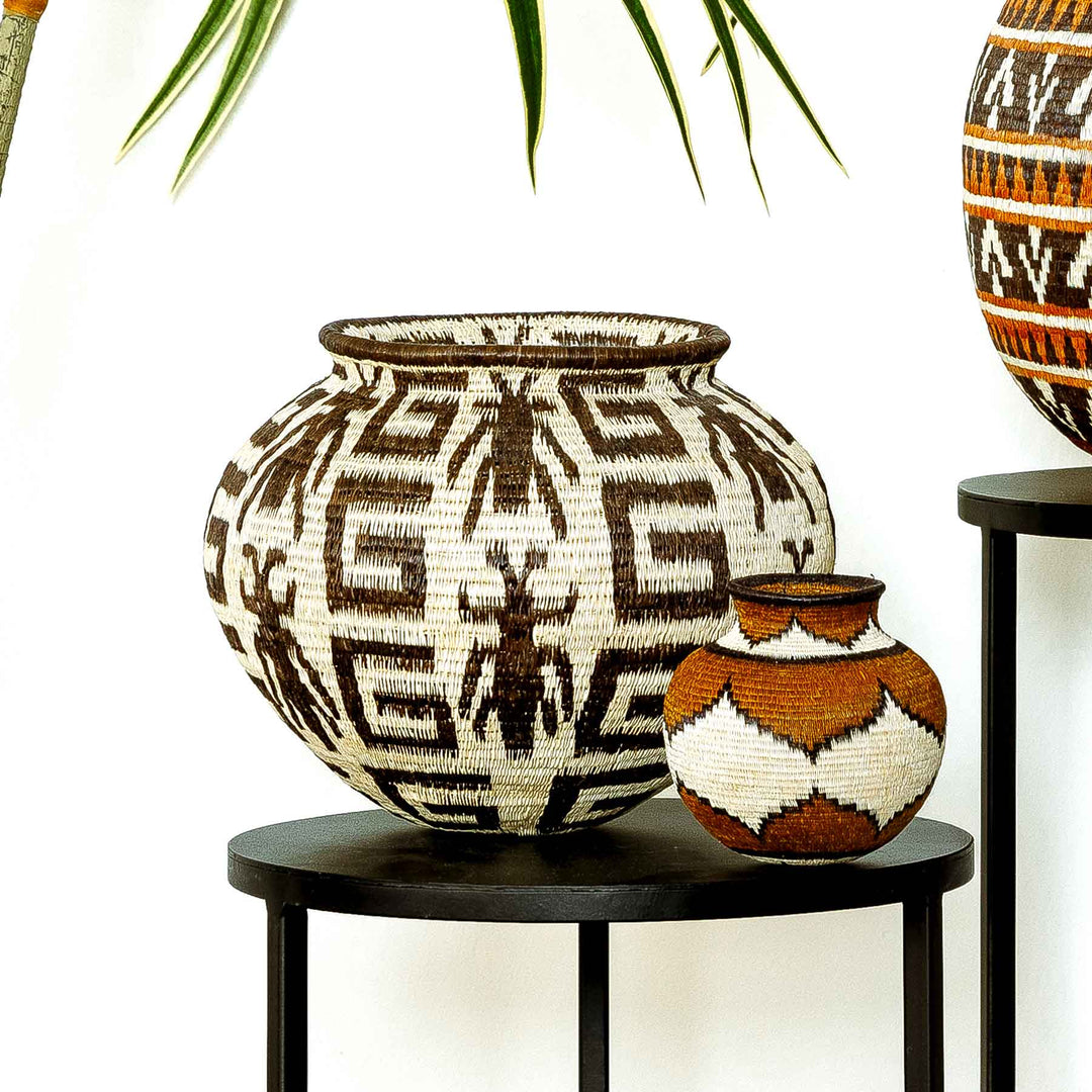 Side view of handwoven basket showing insect motif framed in geometric patterns.