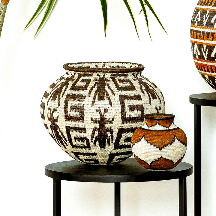 Side view of handwoven basket showing insect motif framed in geometric patterns.