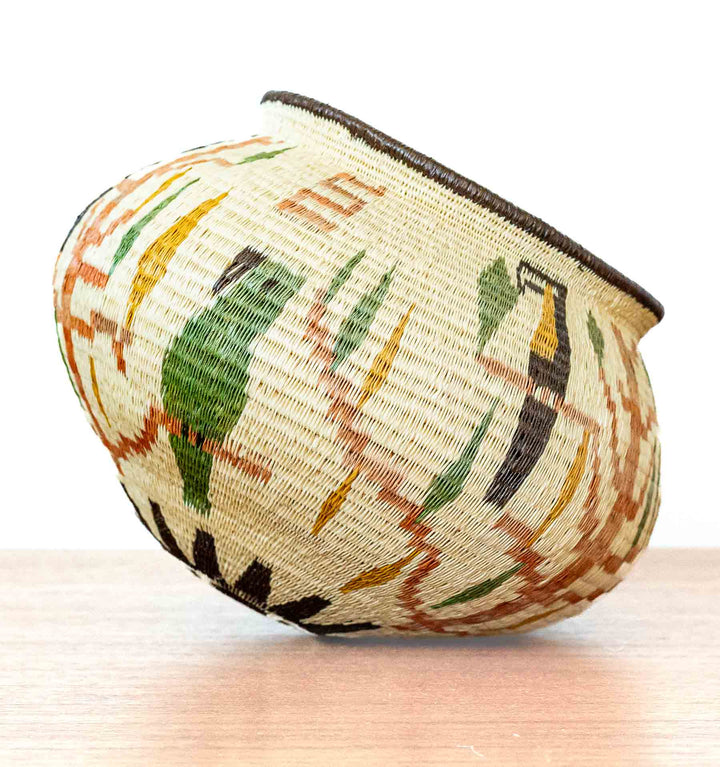 Wounaan basket highlighting multiple toucan and leaf motifs in natural dyes.