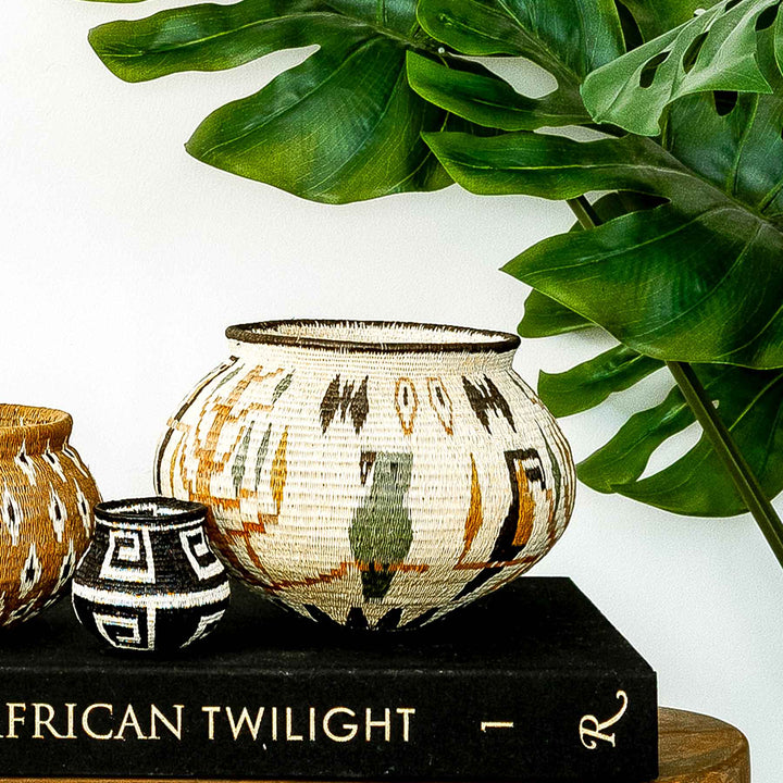 Handwoven Wounaan basket with colorful toucan and foliage motifs, displayed on a book beside tropical leaves.