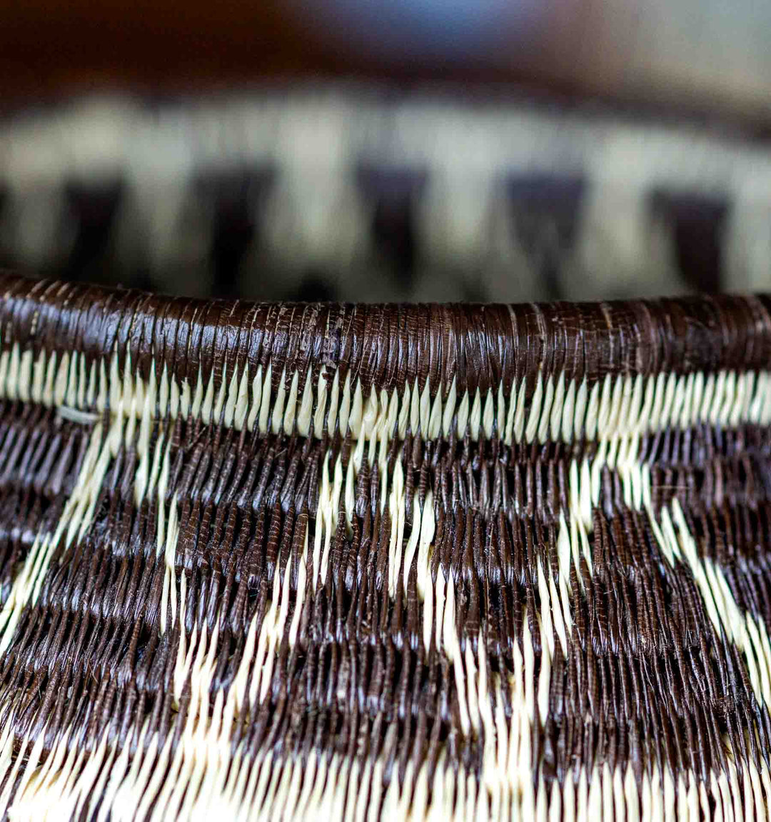Indigenous Panamanian basket weaving close-up showing palm fiber stitches