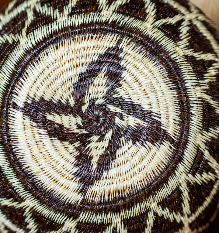 Indigenous Panamanian basket weaving close-up showing palm fiber stitches