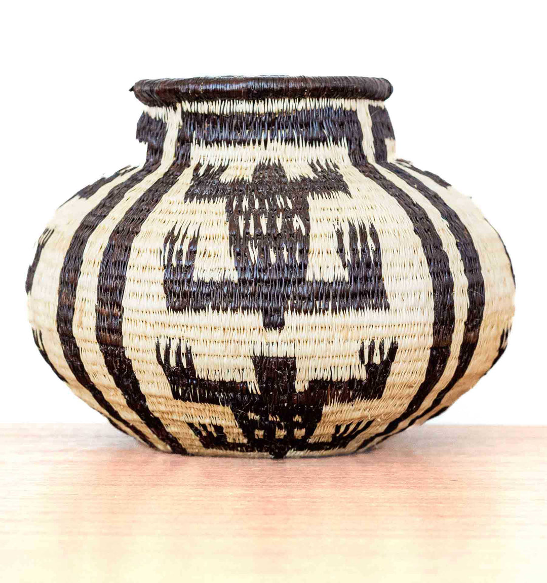 Side view of Crocodile Spirit Wounaan basket with bold geometric crocodile designs.