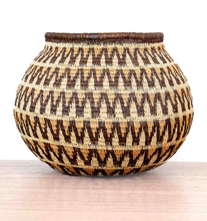 Decorative Wounaan basket with sunburst wave motif, handwoven in Panama with natural palm fibers.