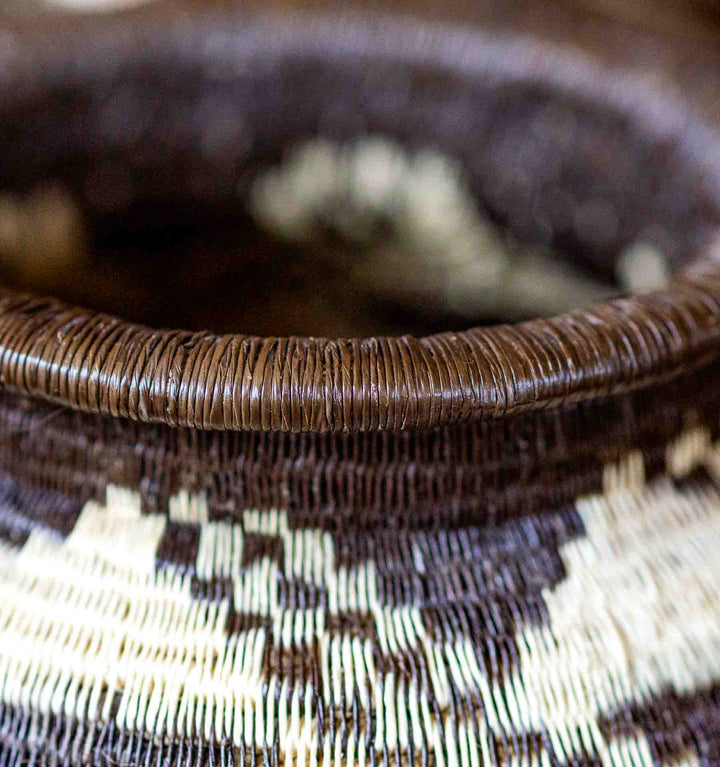 Wounaan basket weave detail showing stepped diamond geometric design, handwoven from palm fiber in Panama.